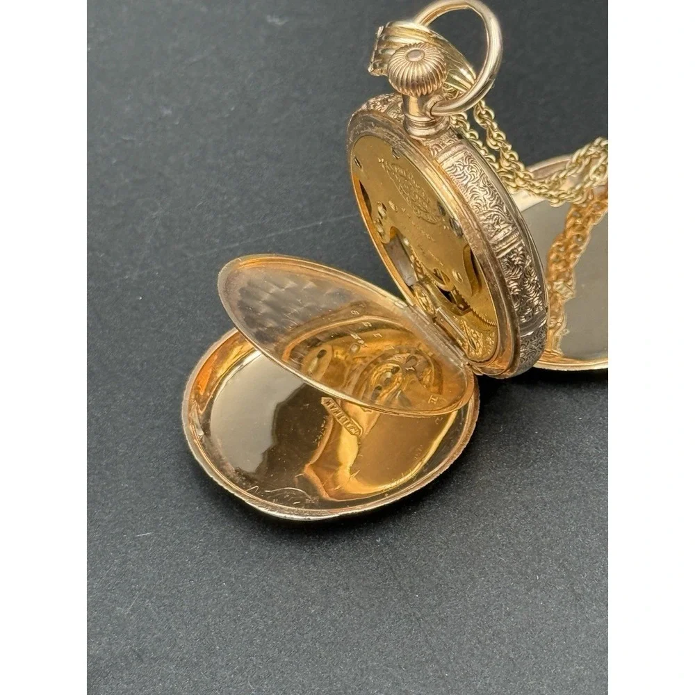 14K SOLID GOLD AMERICAN WALTHAM POCKET WATCH WITH CHAIN 15J